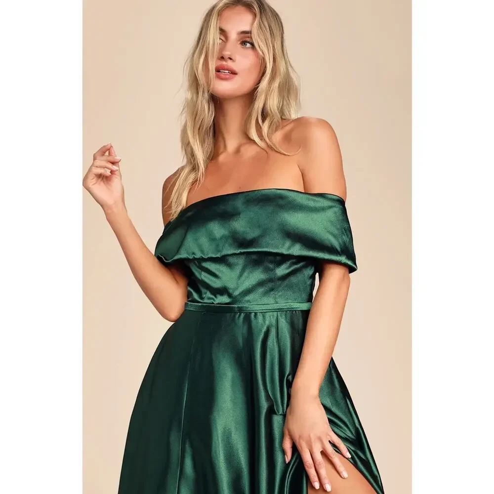 NWT Lulus Greatest Hits Forest Green Satin Off-the-Shoulder Maxi Dress Size M